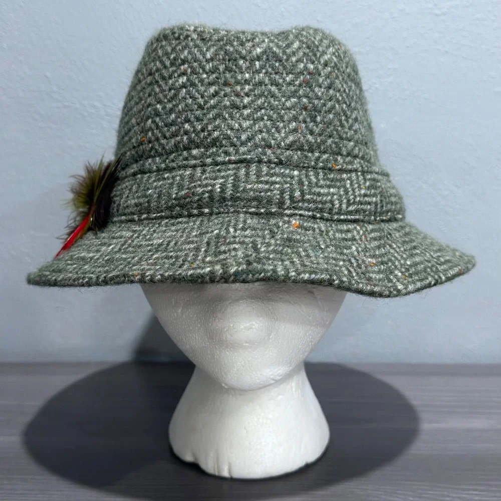 Vtg Hanna Hats Donegal Ireland Green Herringbone Wool Walking Hat Feather Mens M